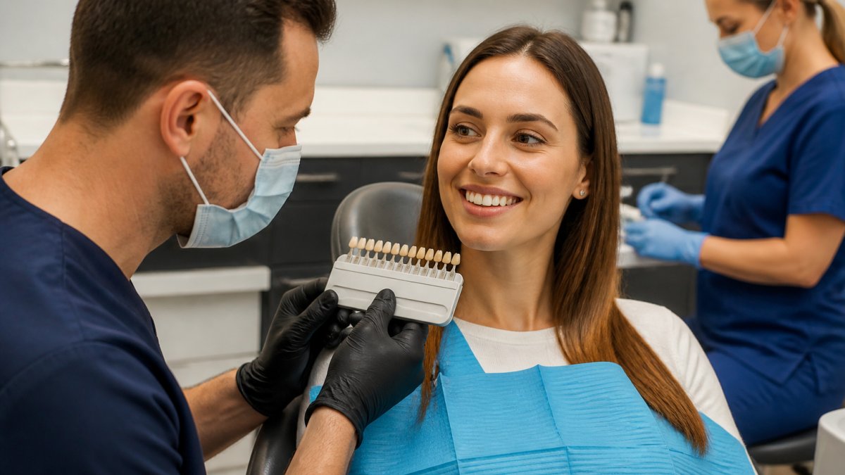 A dentist in a bright, modern surgery holding a shade guide next to a seated patient's smile, with a dental nurse assisting in the background