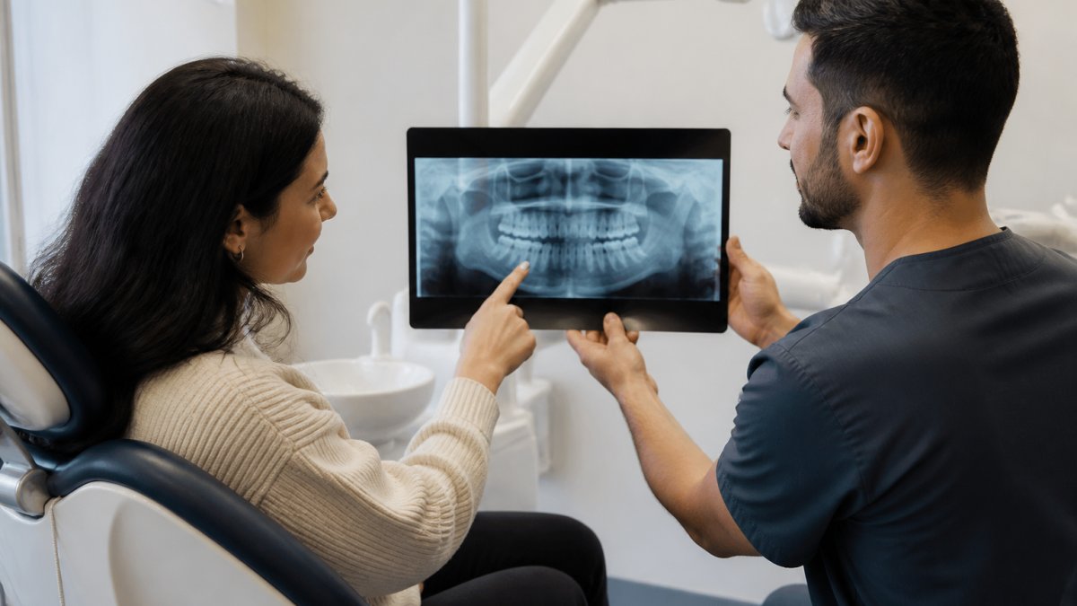 A dentist and patient reviewing dental X-rays together on a screen in a bright, modern consultation room, with the patient pointing at the image