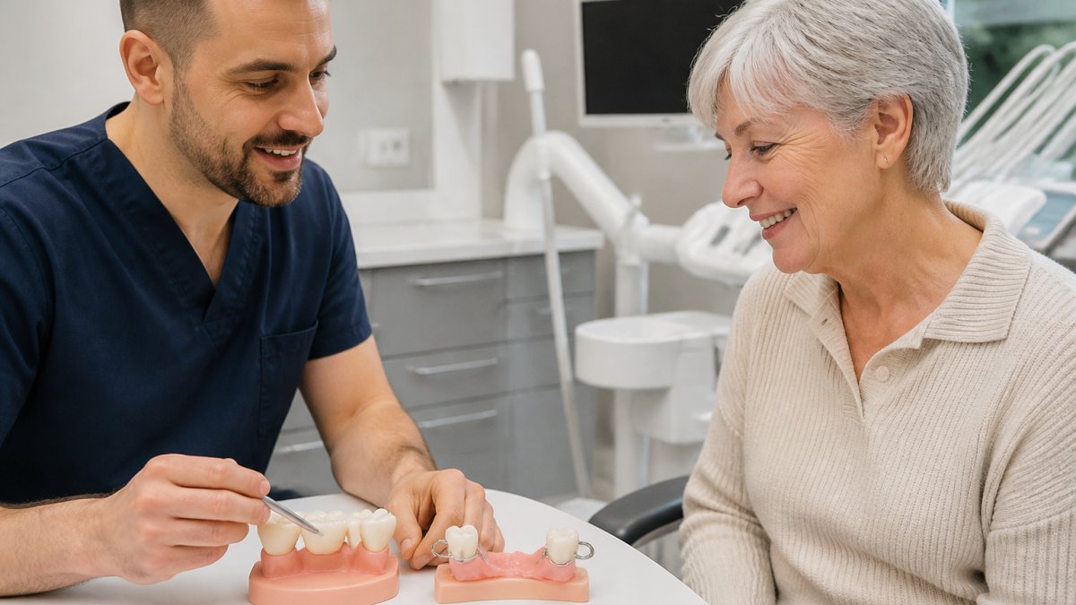 A dentist and an older patient reviewing a dental model and treatment options together in a bright, modern dental surgery