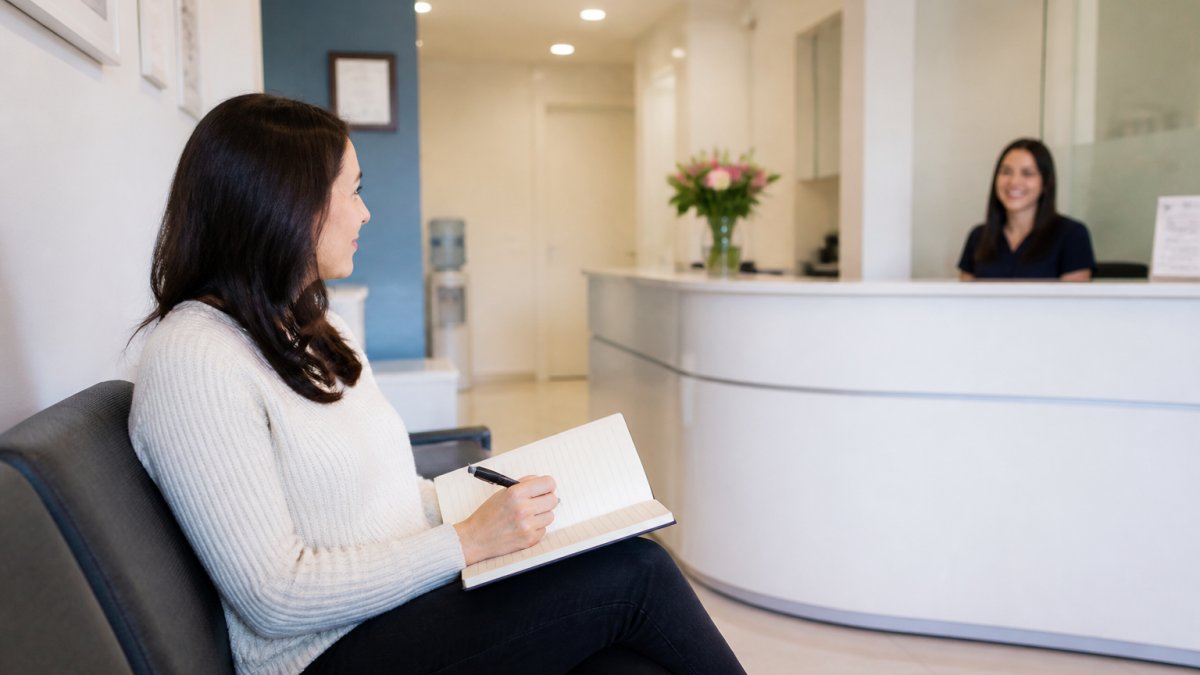 A calm adult patient sitting in a bright dental waiting room, holding a notebook with questions written down, a friendly receptionist smiling in the background