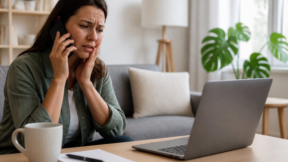 A person holding a phone to their ear with a pained expression, sitting in a bright living room, with a laptop open showing a local dental clinic website